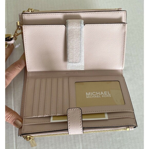 New Michael Kors Jet Set Travel Double zip wristlet wallet Vanilla Powder Blush - Picture 5 of 7